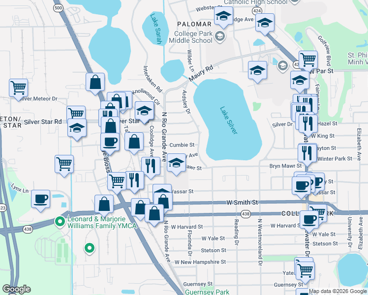 map of restaurants, bars, coffee shops, grocery stores, and more near 1407 Cumbie Street in Orlando