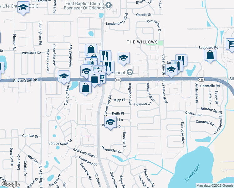 map of restaurants, bars, coffee shops, grocery stores, and more near 5008 Homestead Road in Orlando