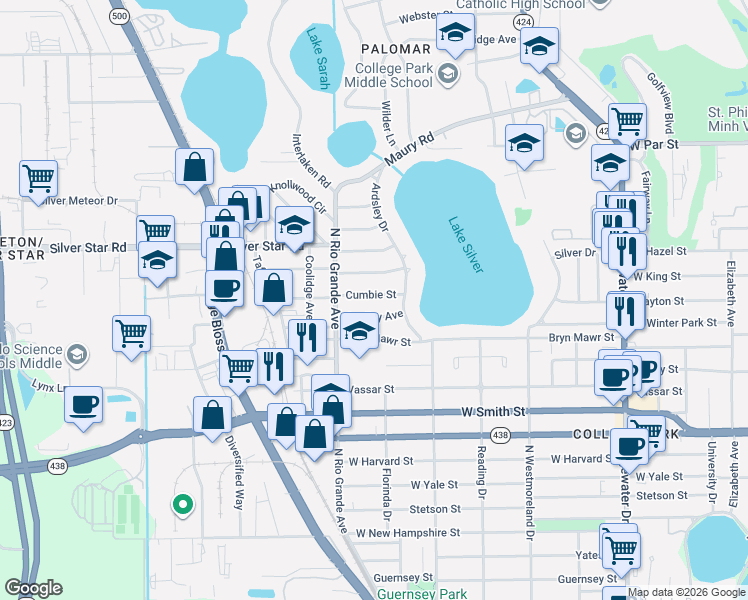 map of restaurants, bars, coffee shops, grocery stores, and more near 1407 Cumbie Street in Orlando