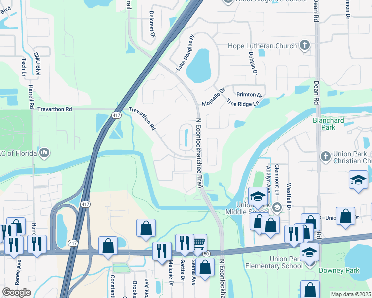 map of restaurants, bars, coffee shops, grocery stores, and more near 2348 Econ Circle in Orlando