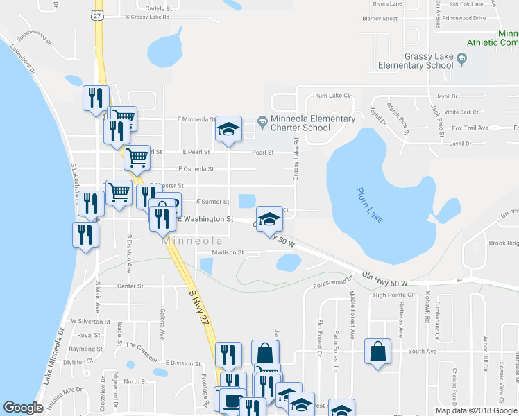 map of restaurants, bars, coffee shops, grocery stores, and more near 434 Village Court in Minneola