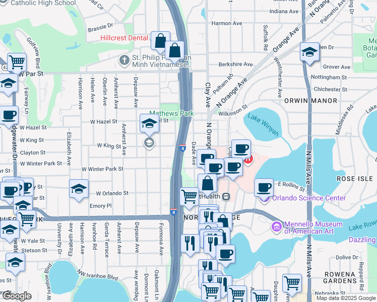 map of restaurants, bars, coffee shops, grocery stores, and more near 2728 Dade Avenue in Orlando