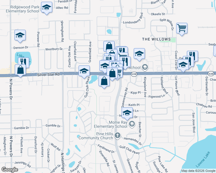 map of restaurants, bars, coffee shops, grocery stores, and more near 5386 Silver Star Road in Orlando