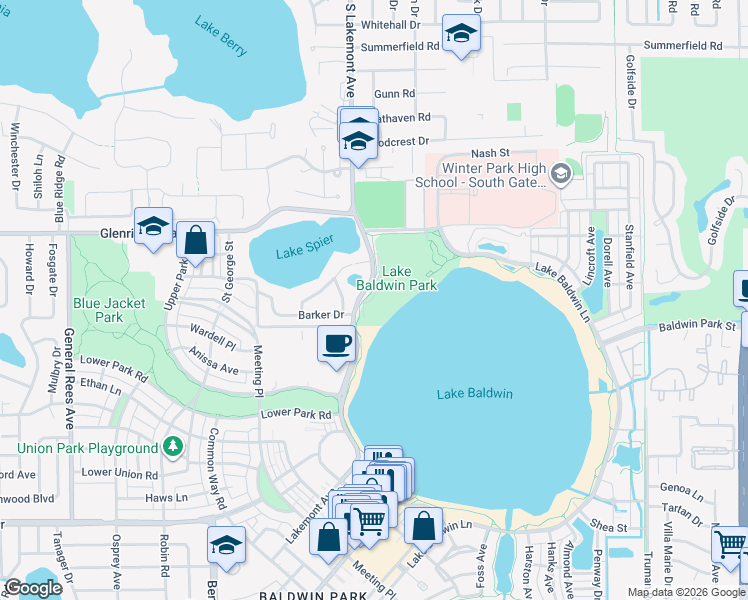 map of restaurants, bars, coffee shops, grocery stores, and more near 2000 South Lakemont Avenue in Winter Park