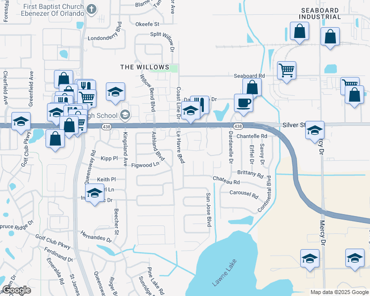 map of restaurants, bars, coffee shops, grocery stores, and more near 700 Le Havre Boulevard in Pine Hills