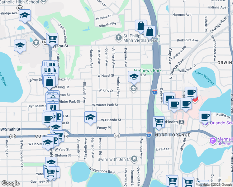 map of restaurants, bars, coffee shops, grocery stores, and more near 116 West King Street in Orlando