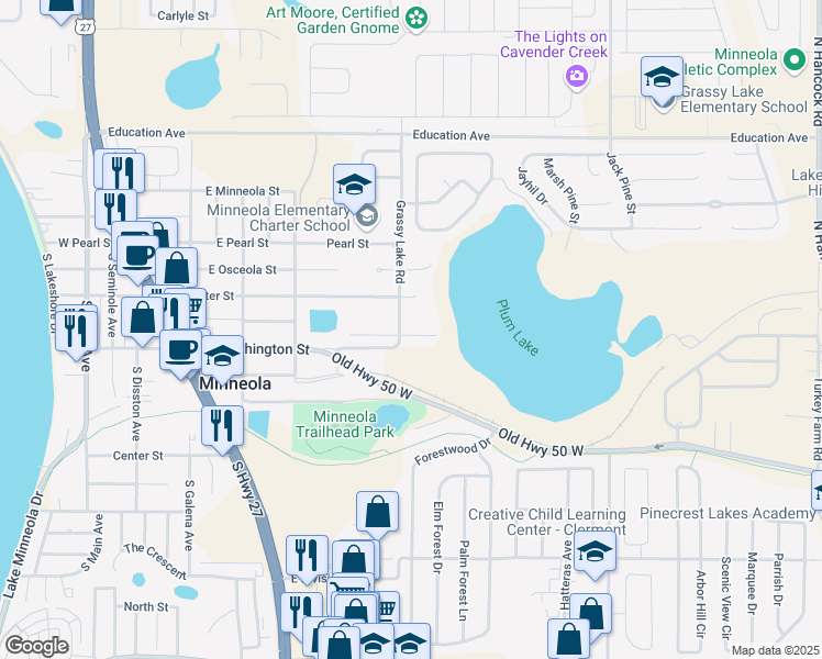 map of restaurants, bars, coffee shops, grocery stores, and more near 207 Grassy Lake Road in Minneola