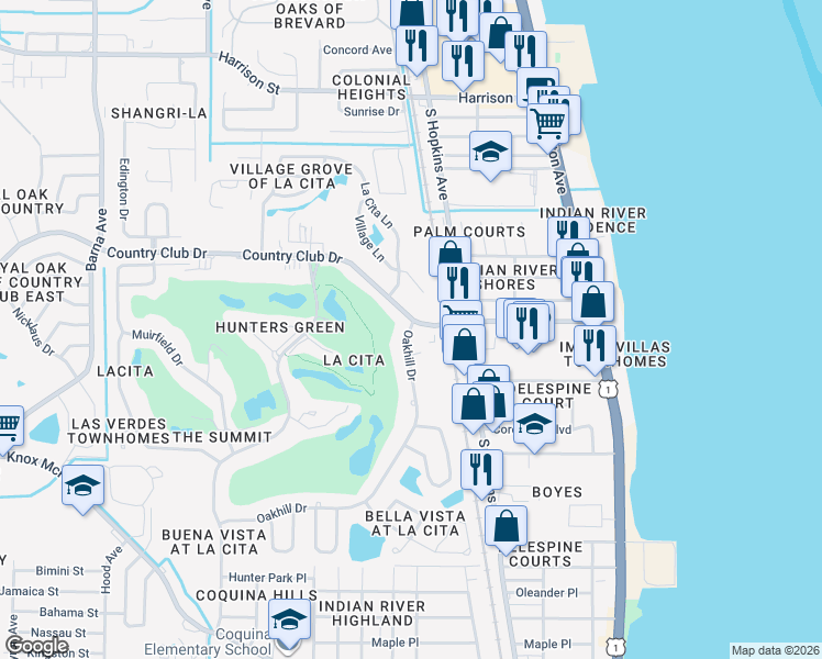 map of restaurants, bars, coffee shops, grocery stores, and more near 3505 Oakhill Drive in Titusville