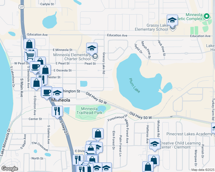 map of restaurants, bars, coffee shops, grocery stores, and more near 207 Grassy Lake Road in Minneola