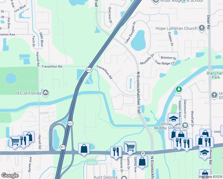 map of restaurants, bars, coffee shops, grocery stores, and more near 9340 Trevarthon Road in Orlando