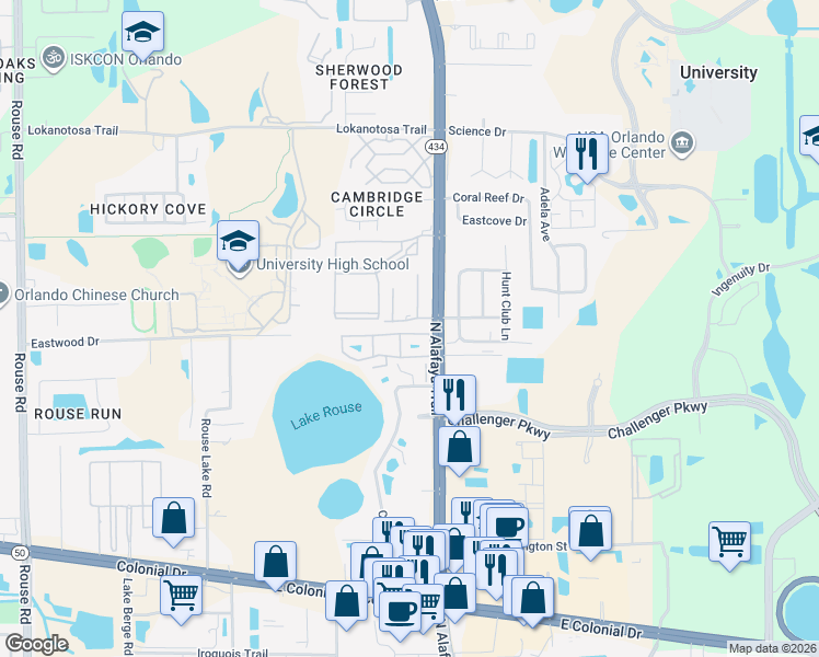 map of restaurants, bars, coffee shops, grocery stores, and more near 12150 Graduate Drive in Orlando