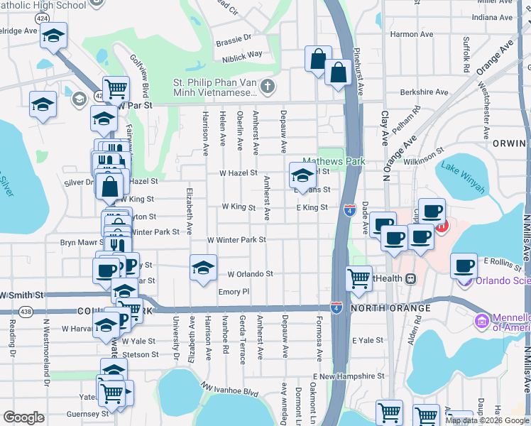 map of restaurants, bars, coffee shops, grocery stores, and more near 116 West King Street in Orlando