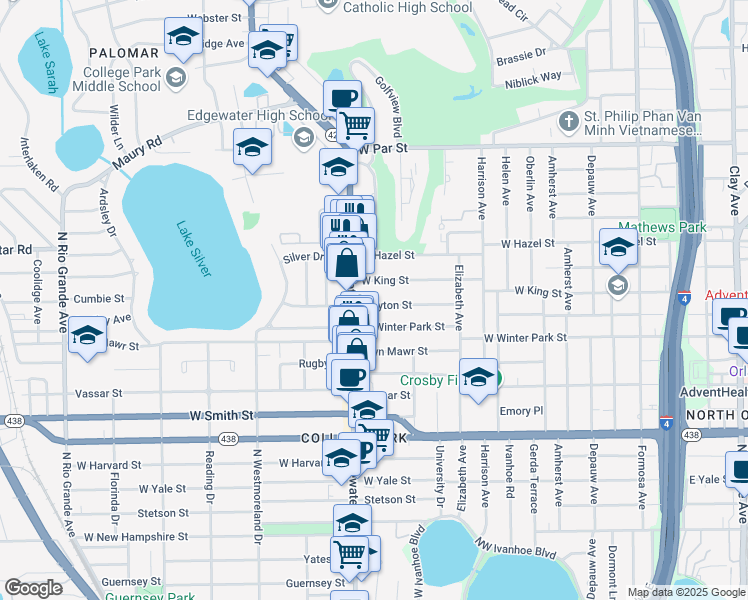 map of restaurants, bars, coffee shops, grocery stores, and more near 637 Clayton Street in Orlando