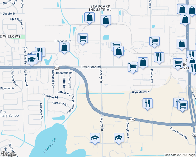 map of restaurants, bars, coffee shops, grocery stores, and more near 4000 Silver Star Road in Orlando