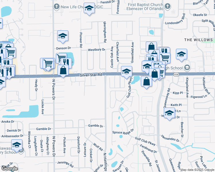 map of restaurants, bars, coffee shops, grocery stores, and more near 2523 North Hastings Street in Orlando