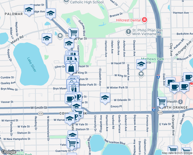 map of restaurants, bars, coffee shops, grocery stores, and more near 515 Clayton Street in Orlando