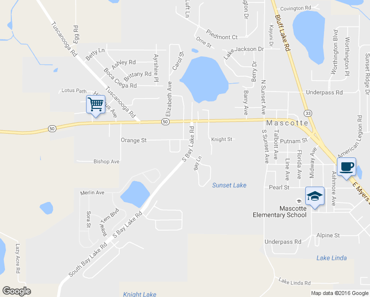 map of restaurants, bars, coffee shops, grocery stores, and more near 124 South Bay Lake Road in Mascotte