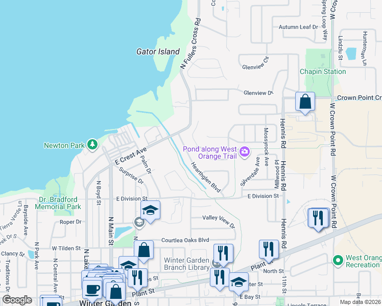 map of restaurants, bars, coffee shops, grocery stores, and more near 633 Hearthglen Boulevard in Winter Garden