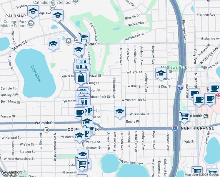 map of restaurants, bars, coffee shops, grocery stores, and more near 515 Clayton Street in Orlando