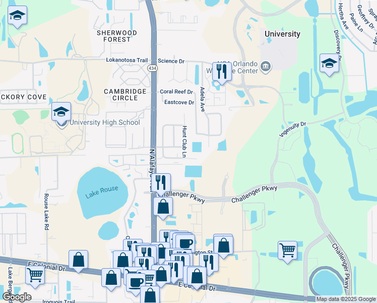 map of restaurants, bars, coffee shops, grocery stores, and more near 12284 Huntsman Lane in Orlando