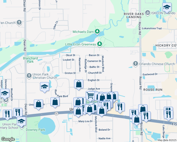 map of restaurants, bars, coffee shops, grocery stores, and more near 11501 Churchill Street in Orlando