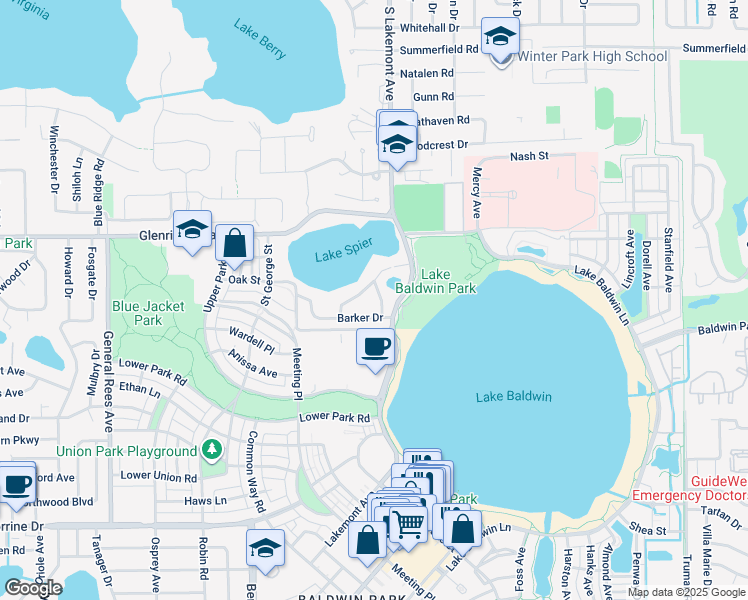map of restaurants, bars, coffee shops, grocery stores, and more near 2051 Lynwood Lane in Winter Park