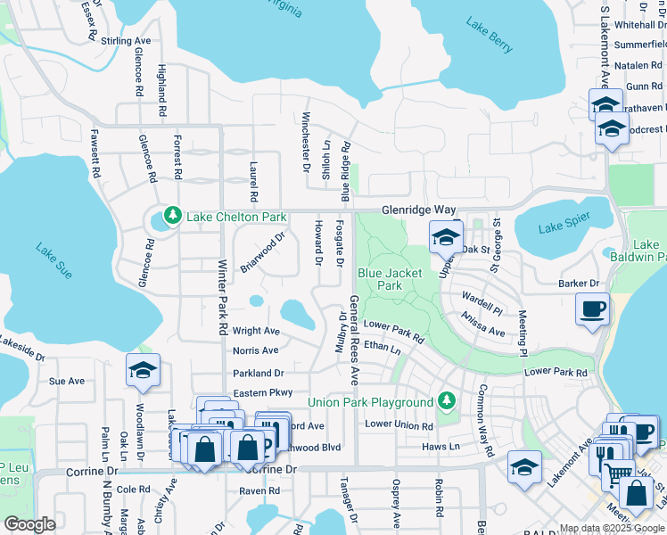 map of restaurants, bars, coffee shops, grocery stores, and more near 2204 Fosgate Drive in Winter Park