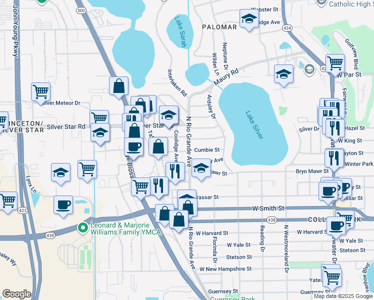 map of restaurants, bars, coffee shops, grocery stores, and more near 2700 North Rio Grande Avenue in Orlando