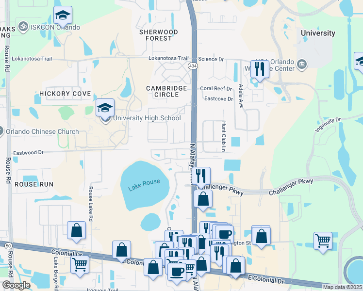 map of restaurants, bars, coffee shops, grocery stores, and more near 12174 Graduate Drive in Orlando