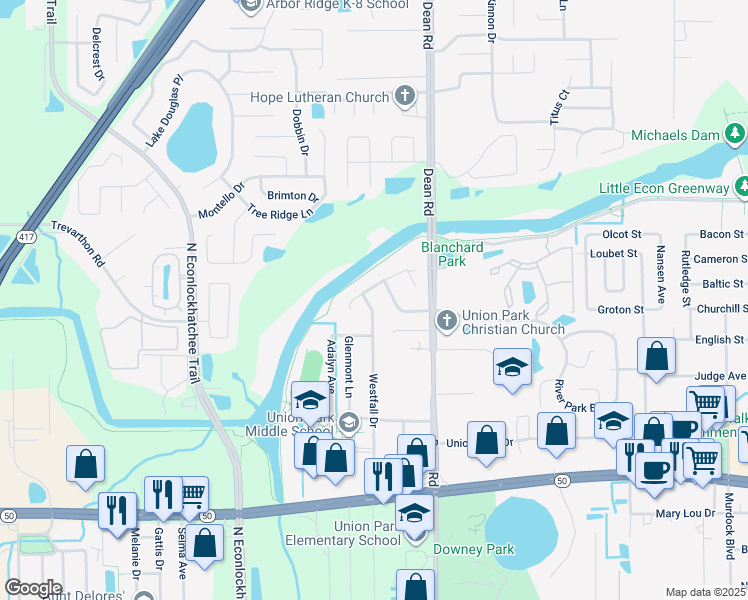 map of restaurants, bars, coffee shops, grocery stores, and more near 2235 Westfall Drive in Orlando