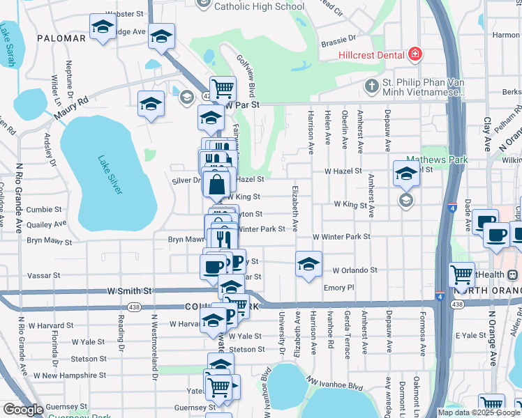 map of restaurants, bars, coffee shops, grocery stores, and more near 555 Clayton Street in Orlando