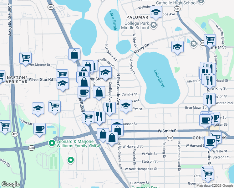 map of restaurants, bars, coffee shops, grocery stores, and more near 2700 North Rio Grande Avenue in Orlando