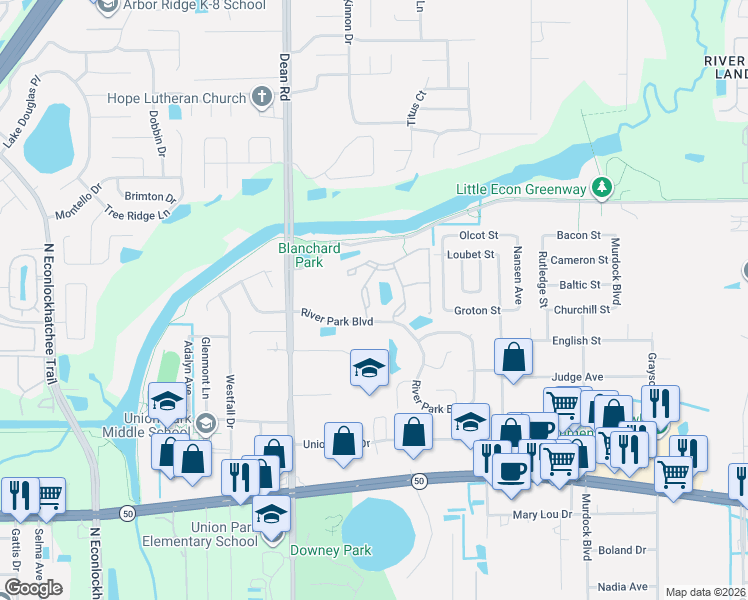 map of restaurants, bars, coffee shops, grocery stores, and more near 2223 River Park Circle in Union Park
