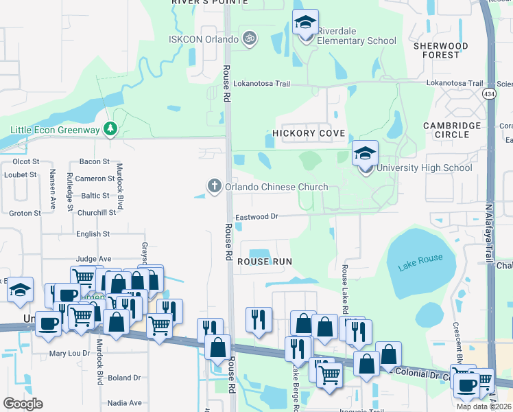 map of restaurants, bars, coffee shops, grocery stores, and more near 2205 Rose Brook Ct in Orlando