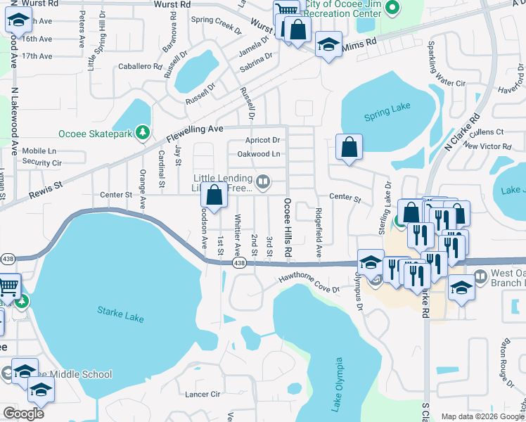 map of restaurants, bars, coffee shops, grocery stores, and more near 524 3rd Street in Ocoee