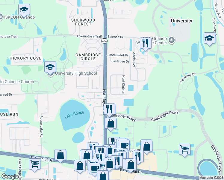 map of restaurants, bars, coffee shops, grocery stores, and more near 12234 Huntsman Lane in Orlando
