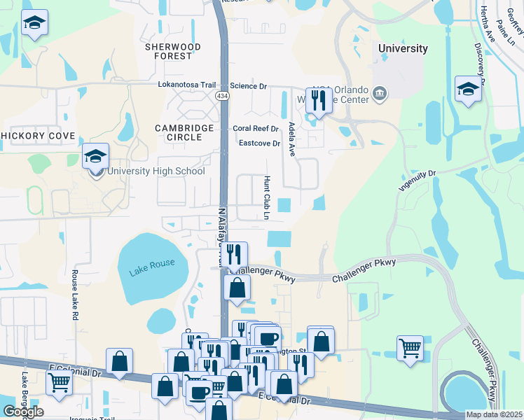 map of restaurants, bars, coffee shops, grocery stores, and more near 12284 Huntsman Lane in Orlando