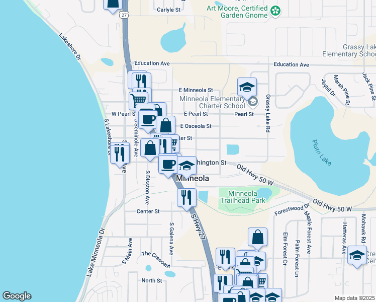 map of restaurants, bars, coffee shops, grocery stores, and more near 107 East Sumter Street in Minneola