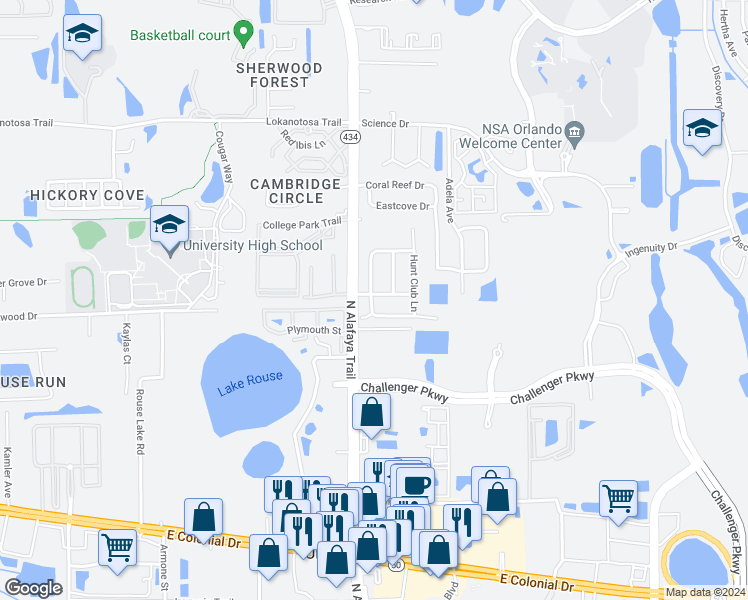 map of restaurants, bars, coffee shops, grocery stores, and more near 12234 Huntsman Lane in Orlando