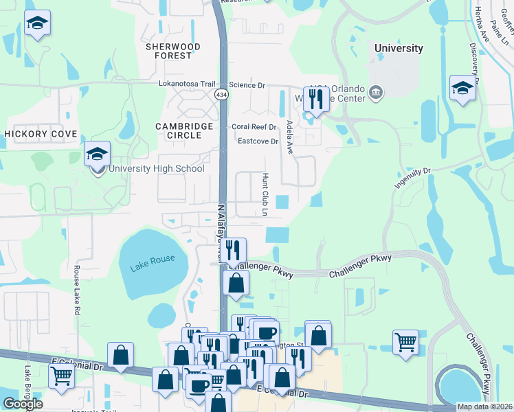 map of restaurants, bars, coffee shops, grocery stores, and more near 12284 Huntsman Lane in Orlando