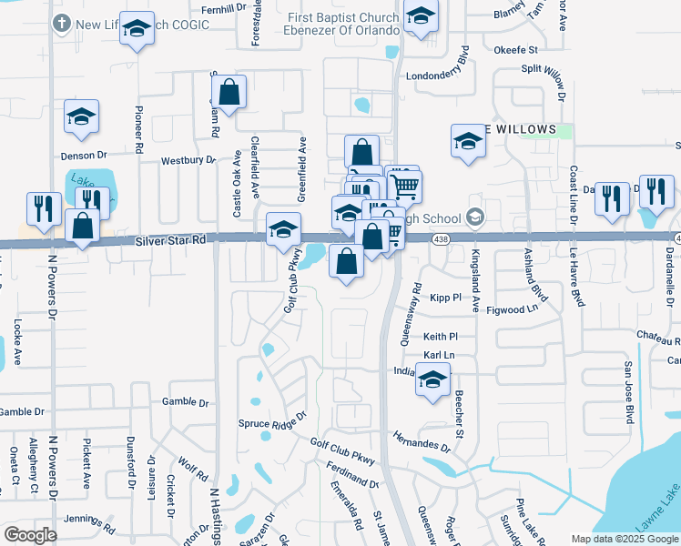 map of restaurants, bars, coffee shops, grocery stores, and more near 5420 Silver Star Road in Orlando