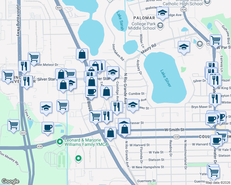 map of restaurants, bars, coffee shops, grocery stores, and more near 2700 Coolidge Avenue in Orlando