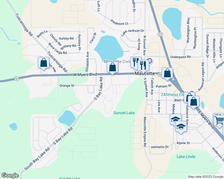 map of restaurants, bars, coffee shops, grocery stores, and more near in Mascotte