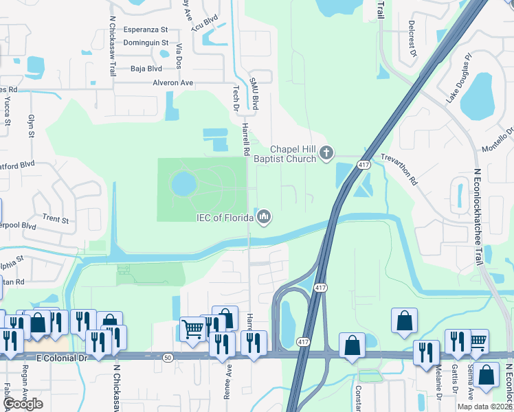 map of restaurants, bars, coffee shops, grocery stores, and more near 2401 Harrell Road in Orlando