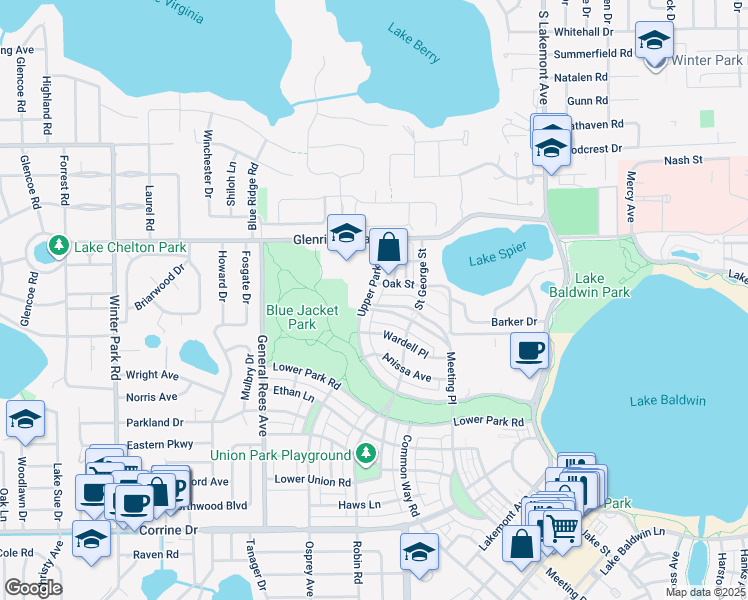map of restaurants, bars, coffee shops, grocery stores, and more near 2835 Upper Park Road in Orlando