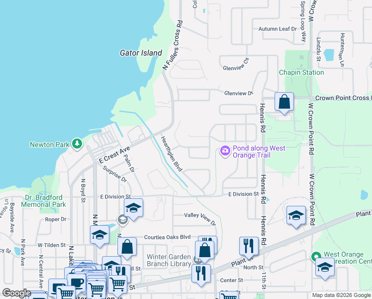 map of restaurants, bars, coffee shops, grocery stores, and more near 575 Copperdale Avenue in Winter Garden