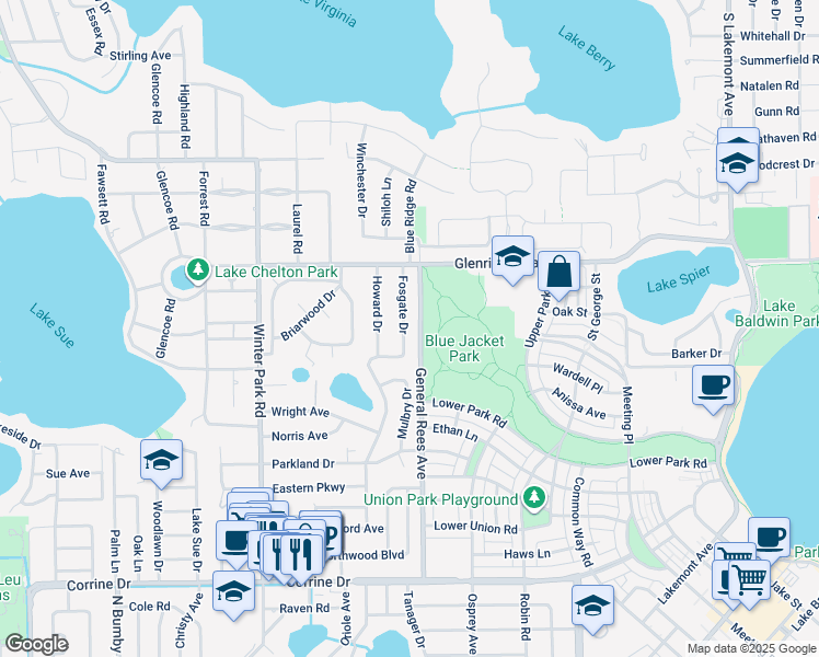 map of restaurants, bars, coffee shops, grocery stores, and more near 2204 Fosgate Drive in Winter Park