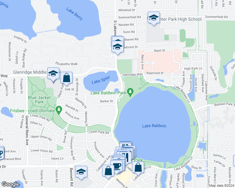 map of restaurants, bars, coffee shops, grocery stores, and more near 2045 South Lakemont Avenue in Winter Park