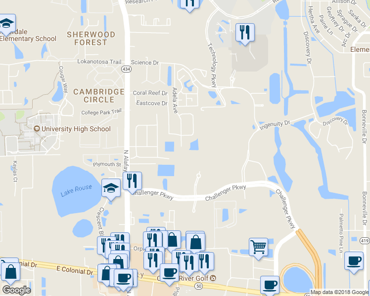 map of restaurants, bars, coffee shops, grocery stores, and more near 2607 Adela Avenue in Orlando