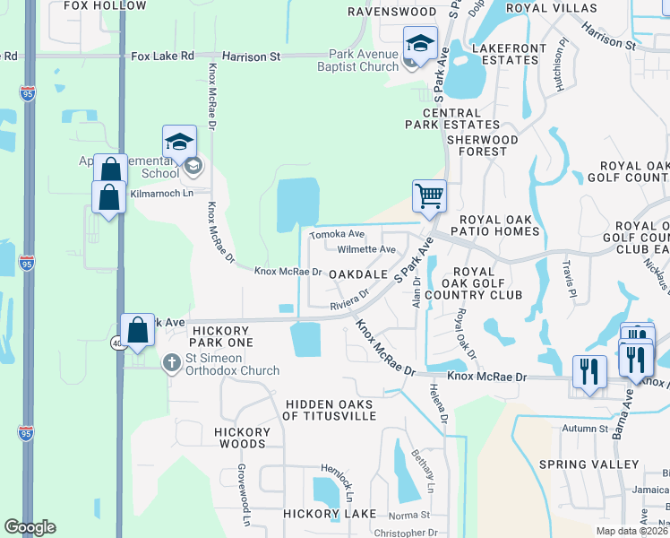 map of restaurants, bars, coffee shops, grocery stores, and more near 3520 Cumberlin Court in Titusville
